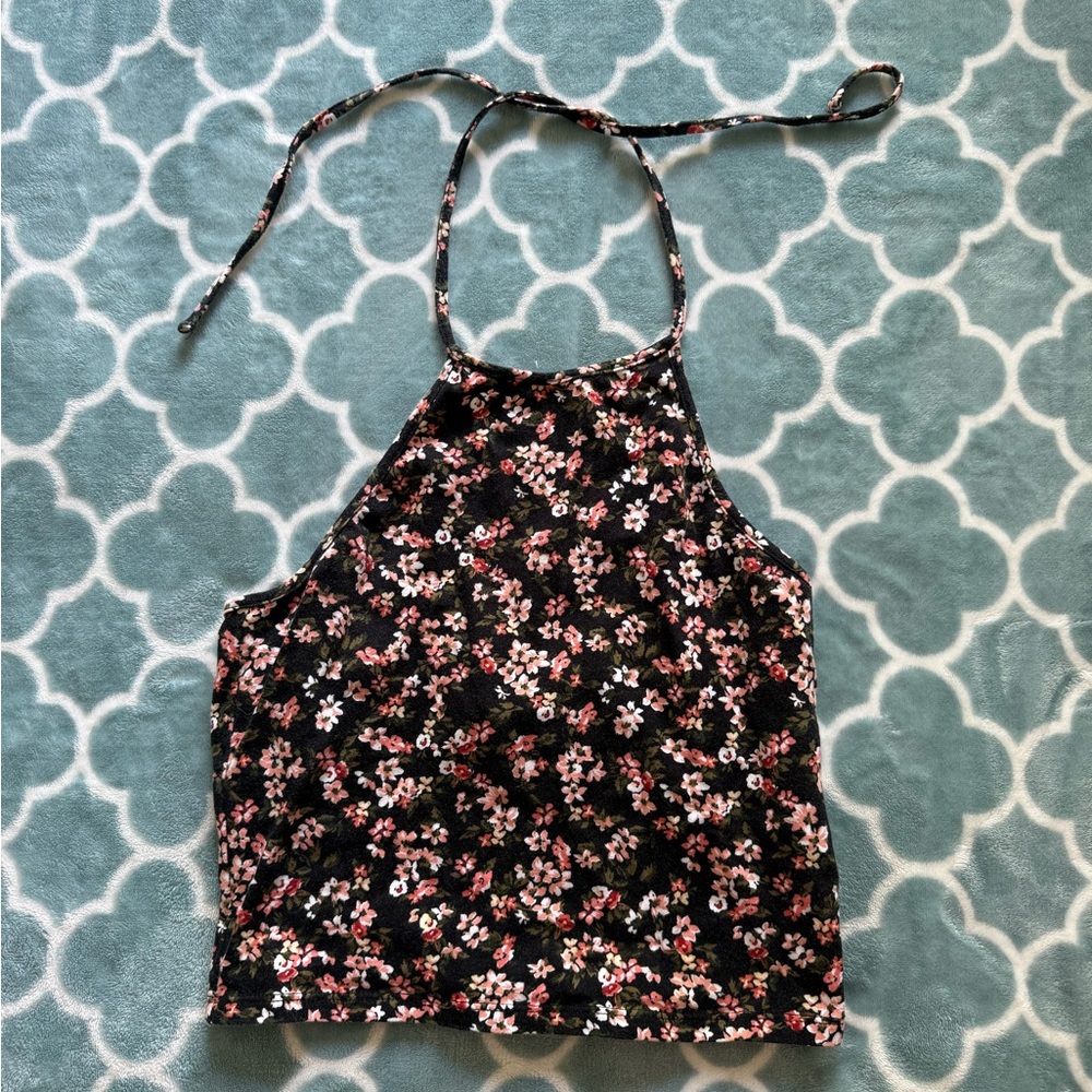 Forever 21 Floral Halter Crop Top - Pink on Black